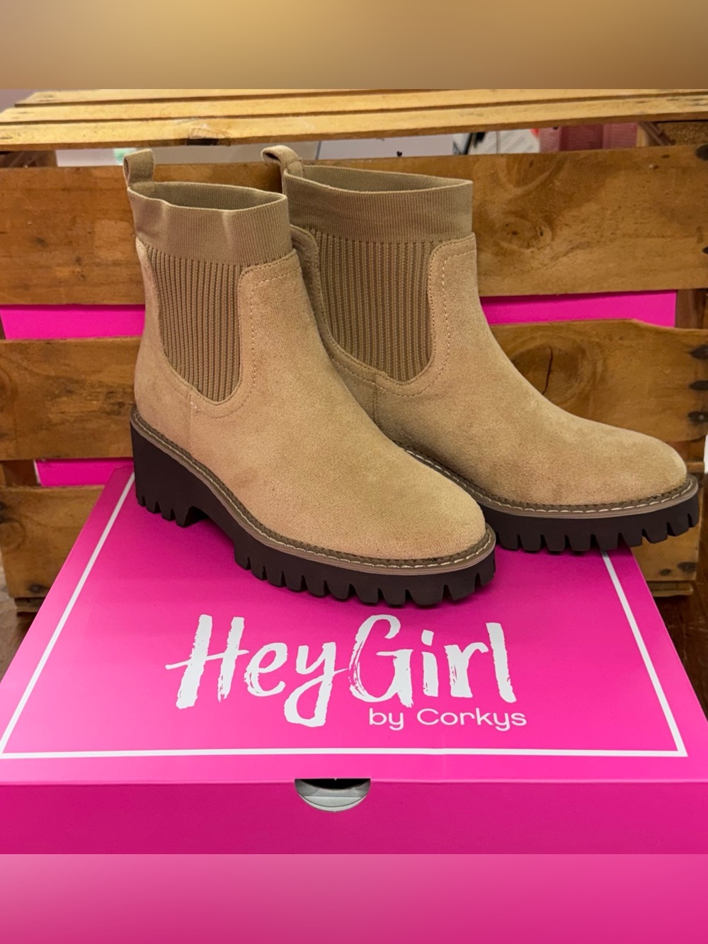 Tan Suede Lug Sole Ankle Boots By Corkys - Trail Mix
